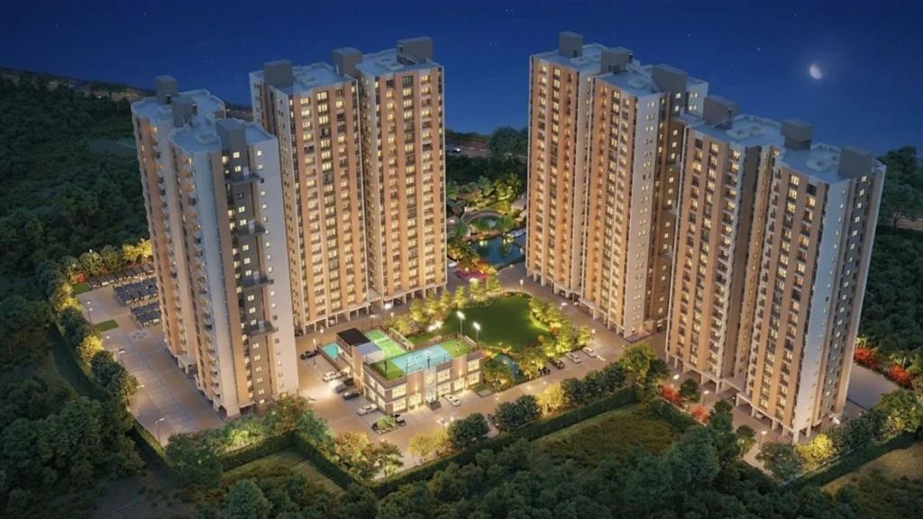 sunrise meadows night building view